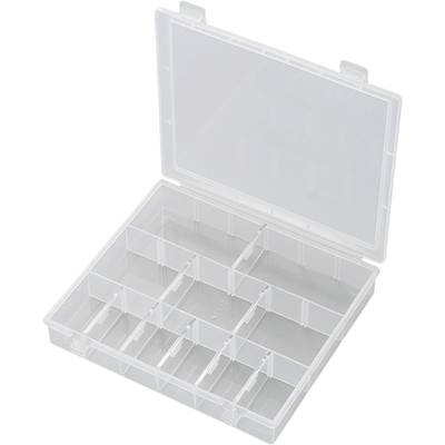 Clear plastic storage box with an open lid and multiple small compartments for storing small items or tools.