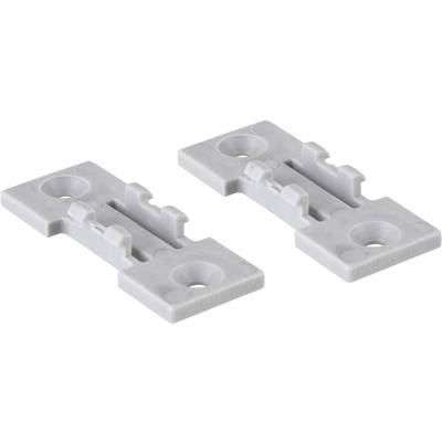 Two grey plastic mounting clips for furniture assembly, lying side by side, each with three round holes.