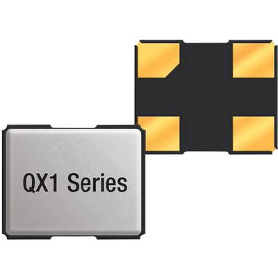 An electronic chip from the 'QX1 Series' with four gold-coloured contact surfaces, showing front and reverse sides to illustrate the design.