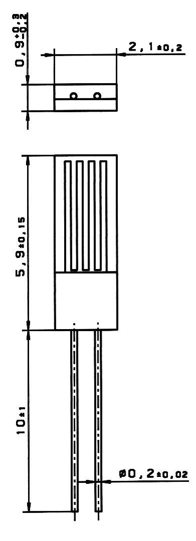 Technical drawing of an electronic component with dimensions: Top 2.1 ±0.2, Height 5.9 ±0.15. Bottom two wires Ø0.2 ±0.02.