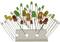 Various coloured LEDs: red, green, yellow and clear. They stand upright with long leads, mounted on a white holder.