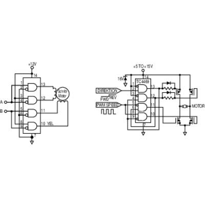 'Circuit diagram of the DC motor driver: On the left are logic AND gates, on the right the TC4469 driver, connection to motor, input for direction, PWM.'