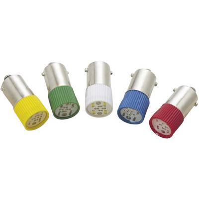 Five coloured LED lamps: yellow, green, white, blue, red. Each has a metallic base. Lying in a row on a white background.