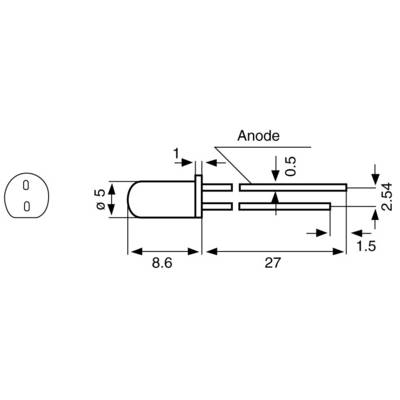 'Diagram of an LED in side view with dimensions. Length: 27 mm, Diameter: 5 mm. Pin spacing: 2.54 mm.'