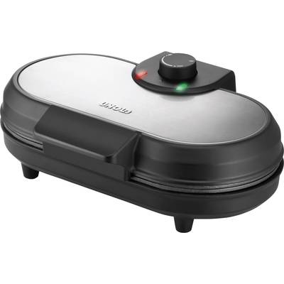 Waffle iron with a black casing, silver lid, temperature control dial, and two indicator lights on the top surface.