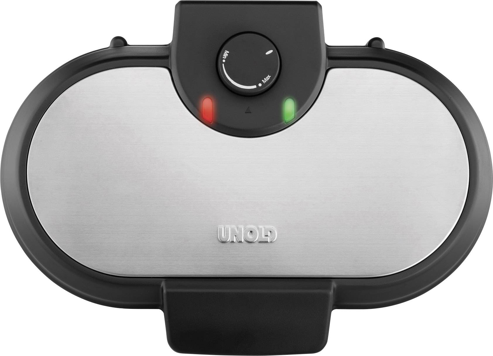 Waffle maker with a metal surface and black casing, temperature control dial on top, two indicator lights on the front, brand 'Unold'.