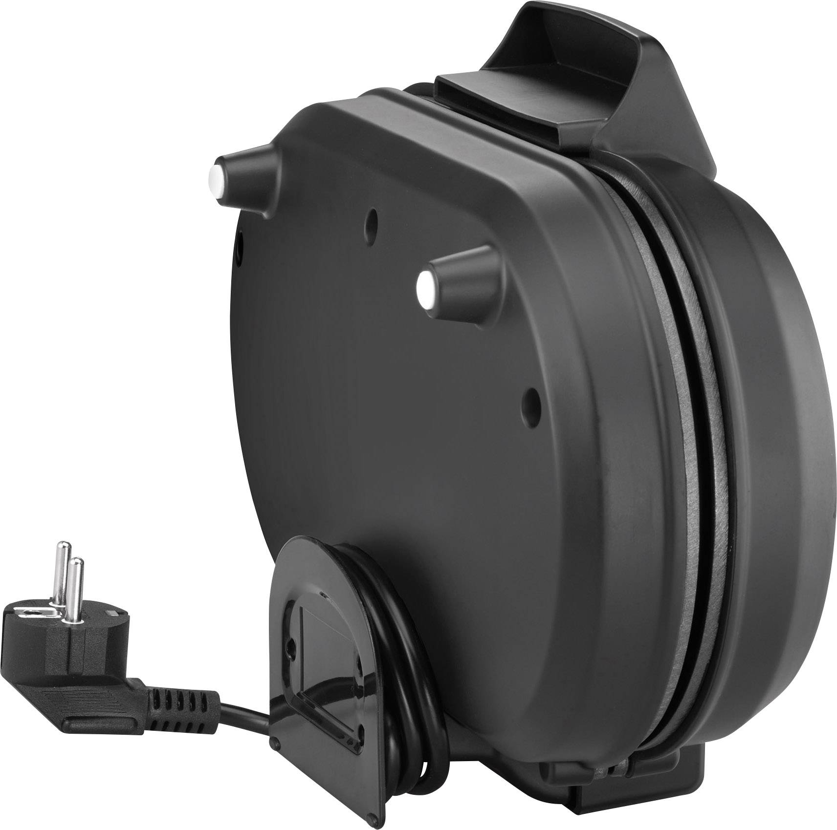 A black cable reel with a closed housing and plug. Suitable for organised storage of long cables.