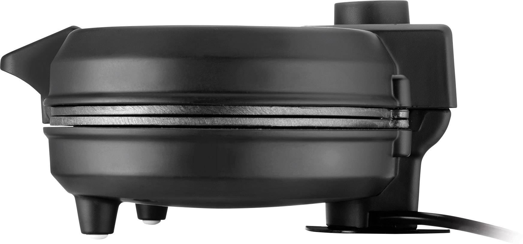 A black kitchen appliance that looks like a waffle maker. It is closed and shown from the side.