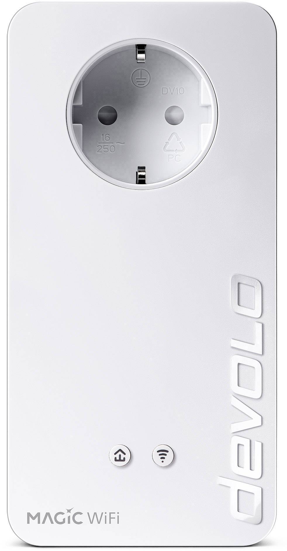 A white Wi-Fi adapter by Devolo with a power socket, labelled 'Magic WiFi' and two buttons at the bottom.