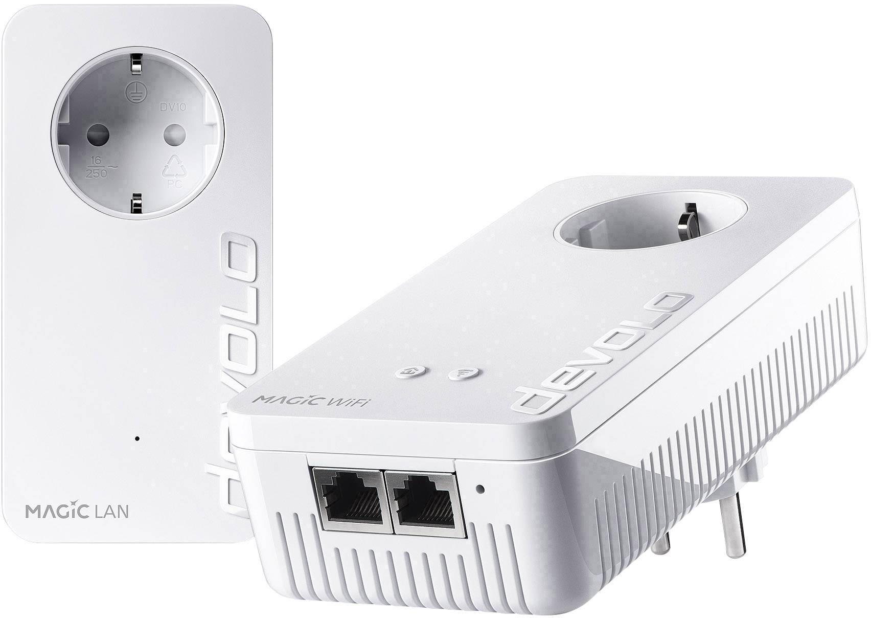 Two white Devolo adapters with socket surface and LAN ports. One shows the front view, the other the rear view.