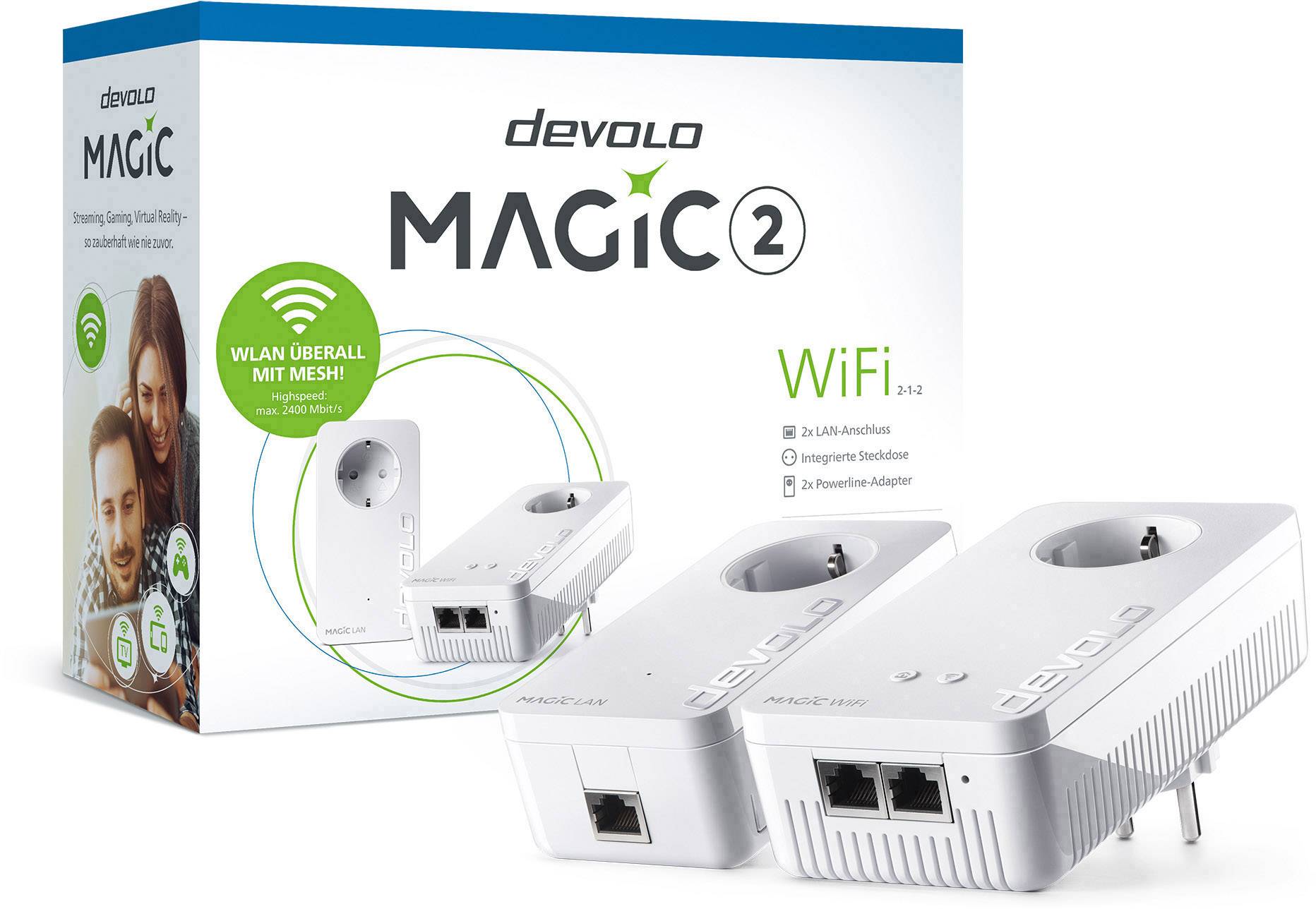 Two white devolo Magic 2 Powerline adapters in front of their packaging; enable Wi-Fi connection via electrical socket.