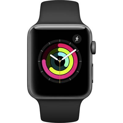 Black smartwatch with a colourful activity tracking display. Shows rings for movement, training, and standing to track fitness goals.