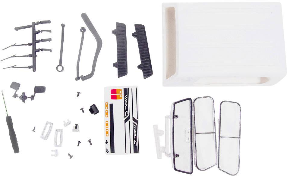 Components of a Model Vehicle: Various car parts, including decals, screws and body parts, prepared for assembly.