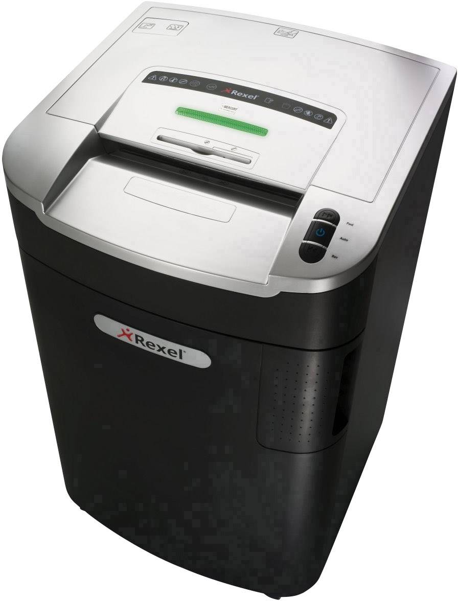 Black paper shredder with brand logo, silver control elements, and green light strip for operational status indication.
