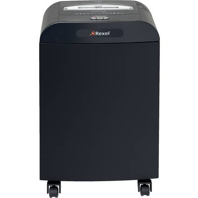 A black paper shredder on wheels with a paper slot and a control panel on the top. Brand: Rexel.
