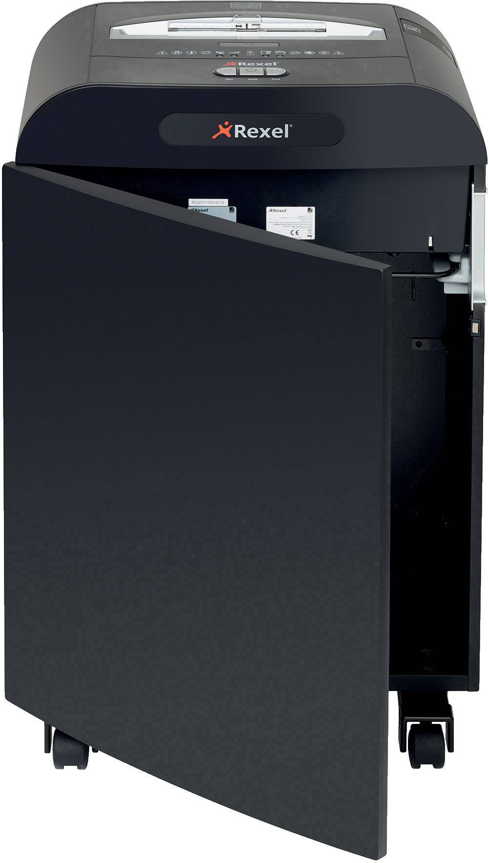 An open office paper shredder on wheels, brand Rexel. The cutting tools and removable waste bin are visible.