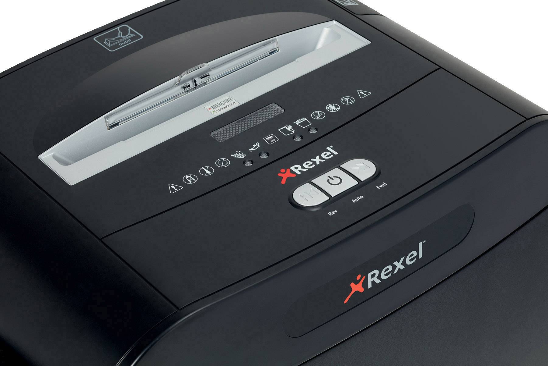 A black paper shredder by 'Rexel' with control buttons and safety symbols on the front.