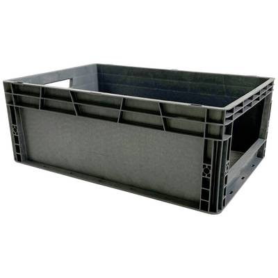 Grey plastic storage box, rectangular, with open handles on the sides; empty and shown at a three-dimensional angle.