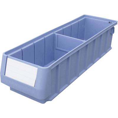 Blue, rectangular plastic container with an open top and a label on the front.