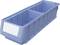 Blue, rectangular plastic container with an open top and a label on the front.