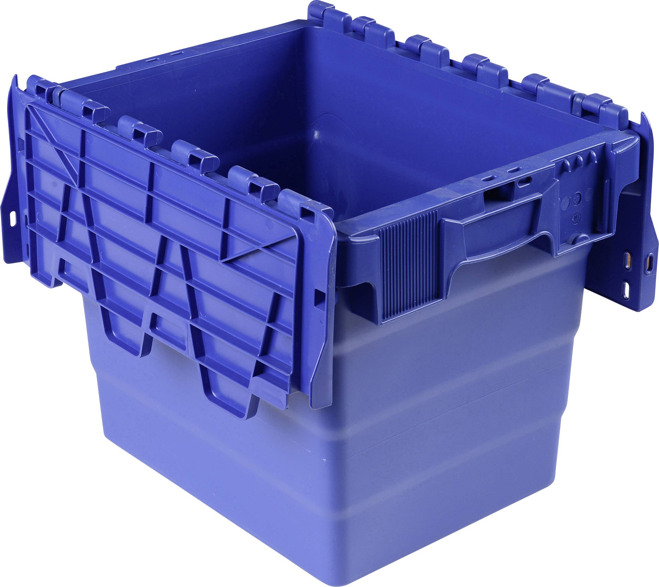 Blue stackable plastic container with lid and reinforced walls, suitable for storage and transportation of goods or materials.