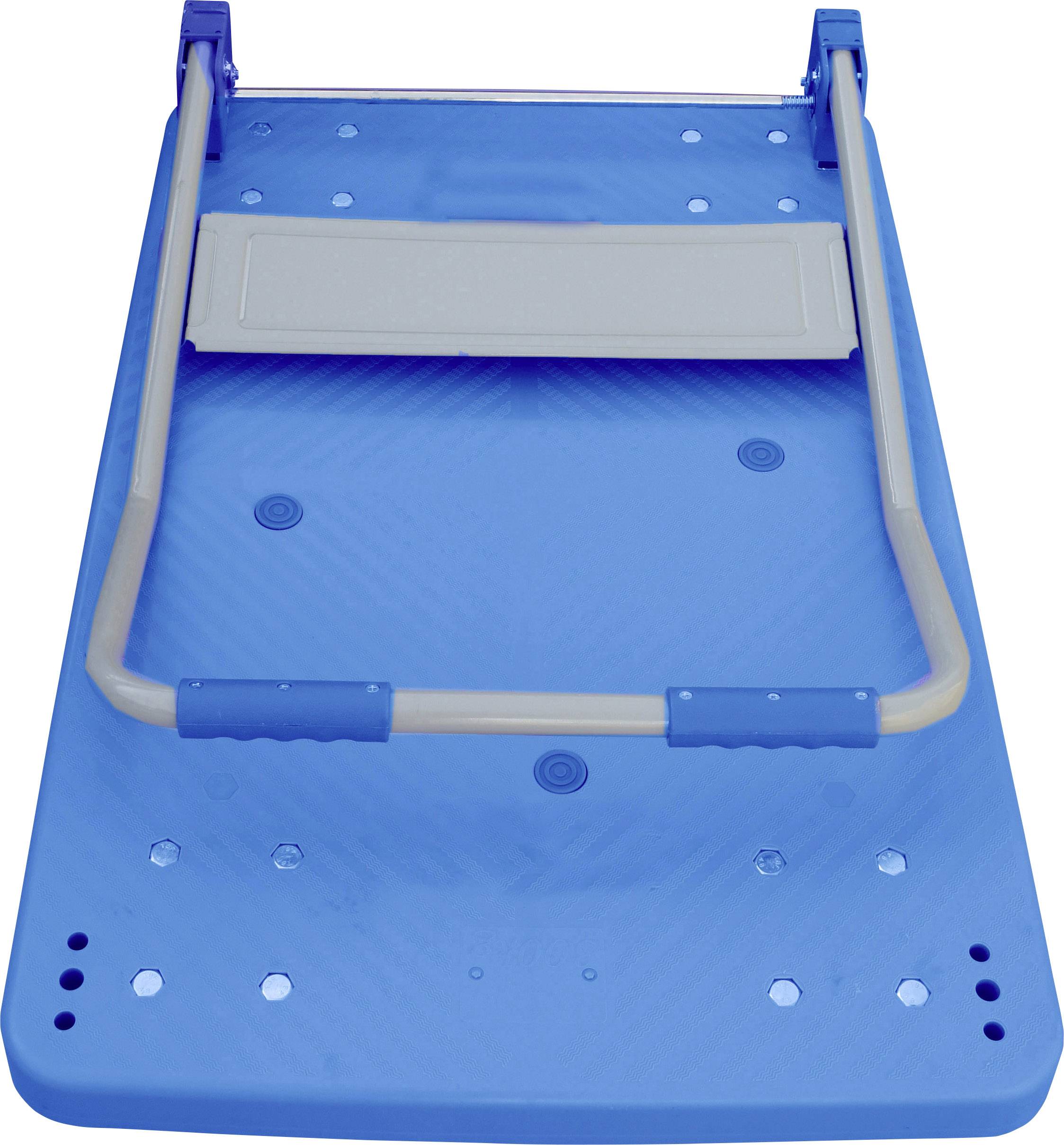 A blue plastic sledge with beige handles and a seat surface, suitable for winter fun on snow.
