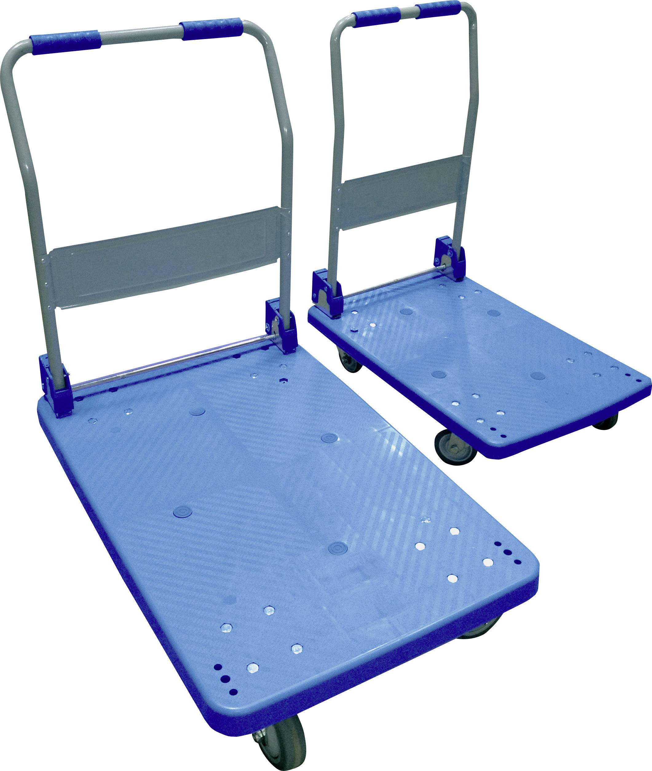 Two blue transport trolleys with four wheels each and folding handles, suitable for moving heavy items in warehouses.
