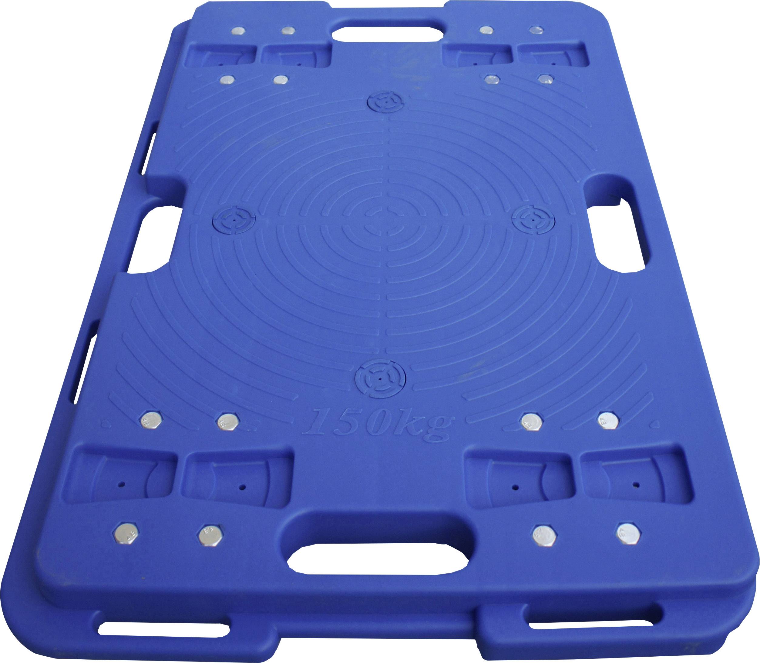 Blue transport platform with multiple handles and a weight limit of 150 kg, payload capacity is embossed on the surface.