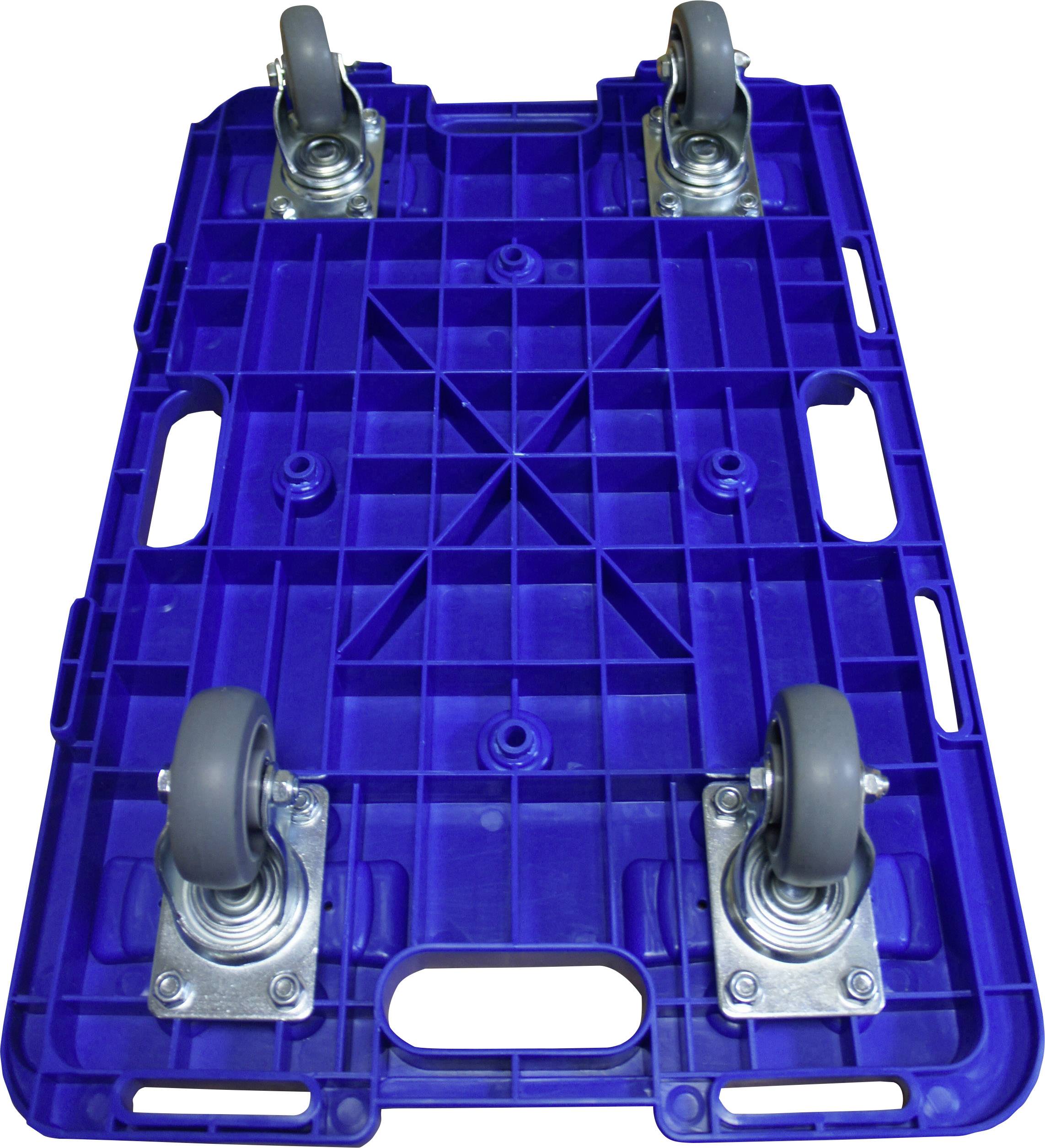 Blue plastic platform with four grey wheels, suitable for transporting boxes or heavy items.