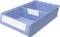 A large blue plastic container with a dividing compartment in the middle and white labels on the sides for labelling.