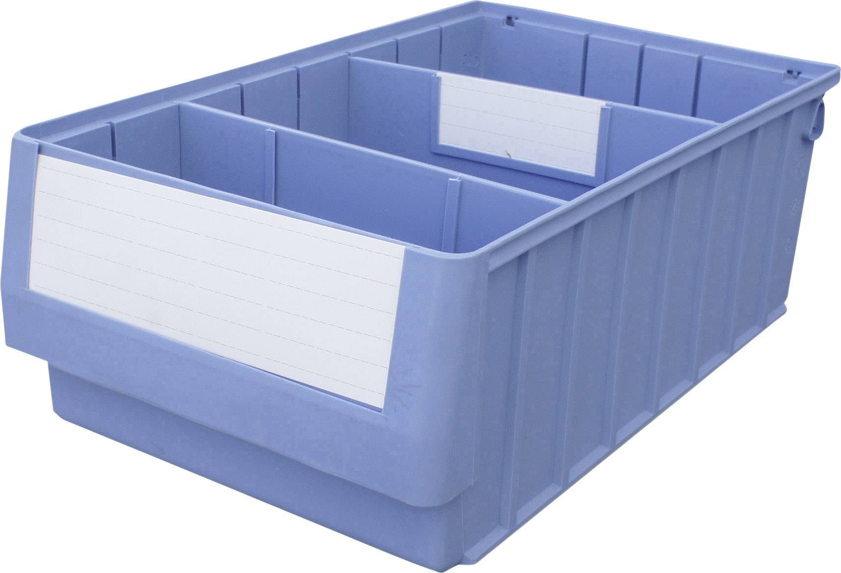 Blue, rectangular storage container with white labels on the side and inside.