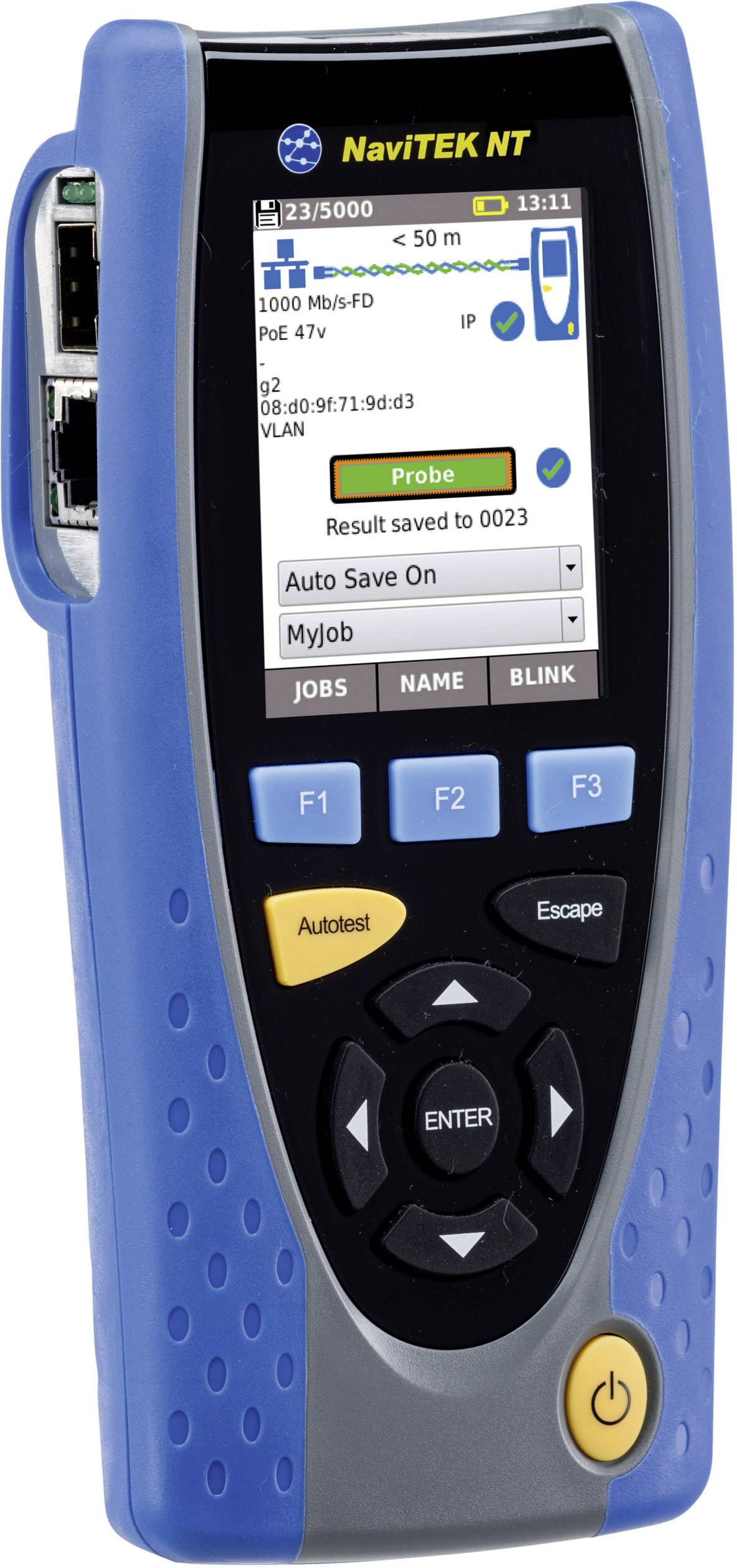 A handy network tester with a screen and multiple function buttons. Displays network information such as IP, PoE, and test status.