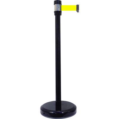 Black barrier post with a yellow, extendable band at the top, typically used for crowd management in public areas.