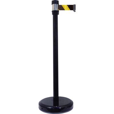 A black barrier post with a yellow and black striped tape used for cordoning off or directing pedestrian flows.