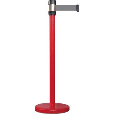 Red wayfinding post with black strap.