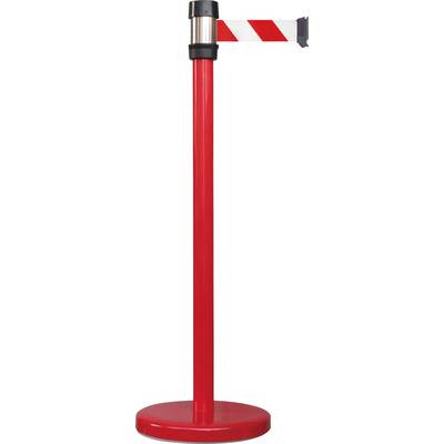 A red barrier post with a red and white striped barrier tape, used for crowd control or demarcation.