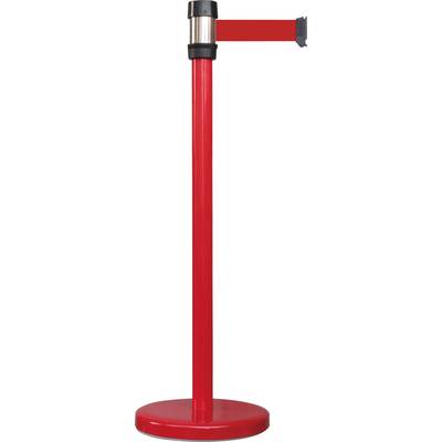 A red barrier post with an extendable tape for guiding people in queues.