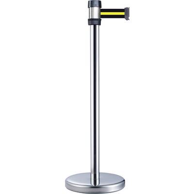Standing silver barrier post with a black strap extending horizontally from the upper section.