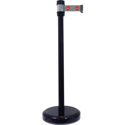 Barrier post with retractable tape. Black stand, tape with two red stop signs.