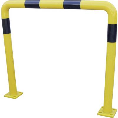 Yellow and black striped safety barrier, rectangular in shape, stands on the ground and is used for demarcation or safety in construction or storage areas.