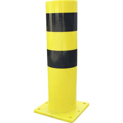 Yellow bollard with two black stripes, used as a safety barrier or for traffic direction.