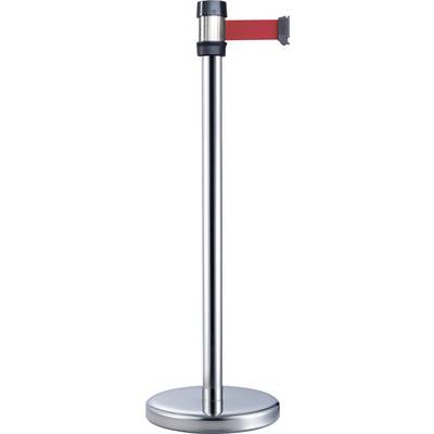 A silver stanchion with a red retractable belt, used for access control or queue management in public areas.