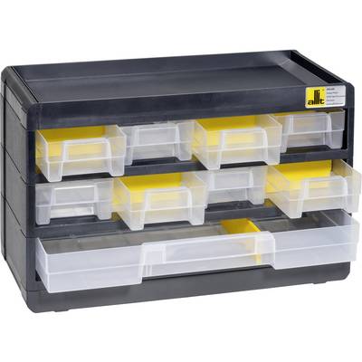 Black storage cabinet with 7 transparent drawers, lined with yellow, for tools or small components.