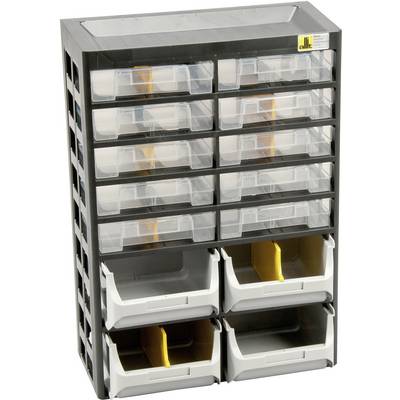 A black shelving unit with multiple transparent drawers. Smaller compartments are located at the top, with larger ones below. Suitable for storing small items.