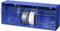A blue tape organiser with transparent compartments displays two rolls of tape, one silver and one white.