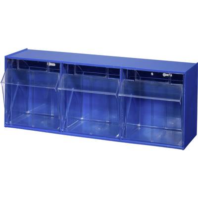 Blue shelving unit with three transparent, tilting shelves for storing items.
