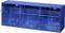 Blue shelving unit with three transparent, tilting shelves for storing items.
