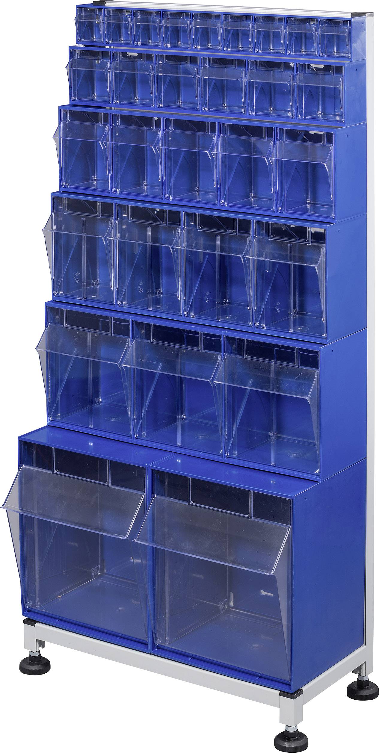 A blue, freestanding shelving unit with multiple transparent compartments for storing small items or tools.
