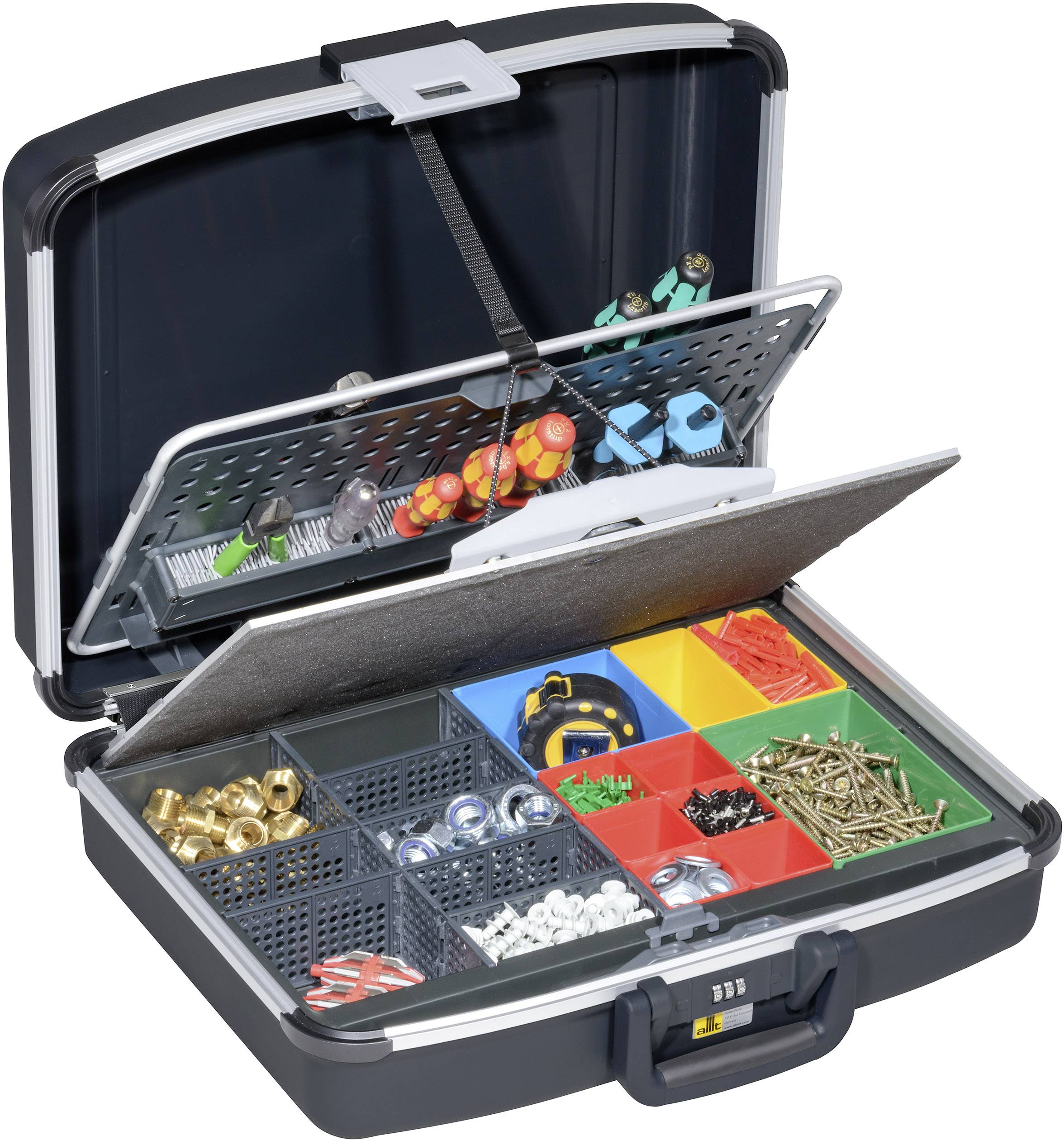 Open tool case with multiple compartments that neatly organise screws, nuts, wall plugs, and other small tool components.