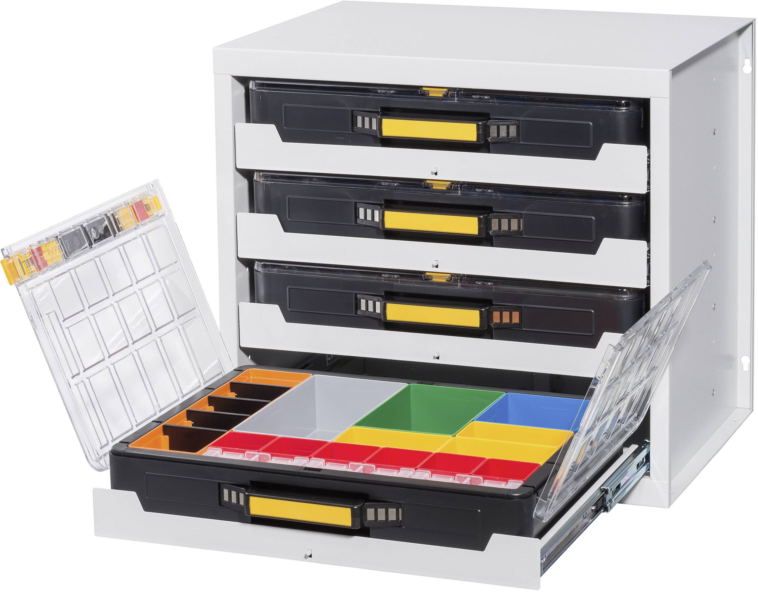 A white cabinet module with five pull-out drawers, each filled with various colourful storage boxes.